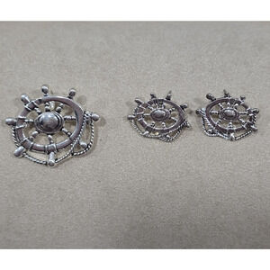 Vintage "MJ" Marie Jennifer Nautical Ship Wheel Rope Brooch Pendant Earrings
